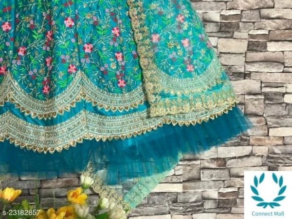 Beautiful Semi Stitched lehenga Choli - Free Size, Sky Blue, Satain Dupatta Fabric : Net, Embroidered, Multipack :1